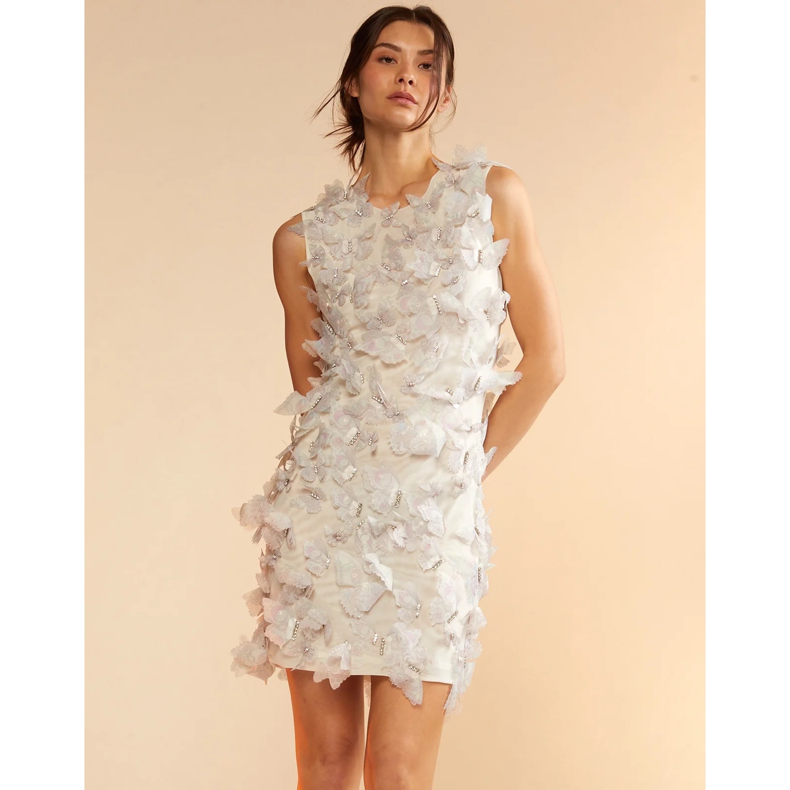 New Cynthia Rowley Ivory Butterfly Embellished Mini Dress Sleeveless Round Neck